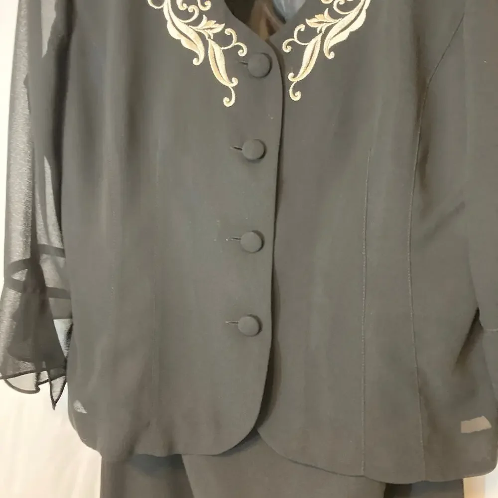 Vintage Plaza South Black Ruffle Embroidered Two Piece Blazer Skirt Set Suit